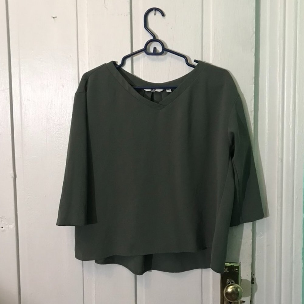 Uniqlo Drapey Olive Green V-Neck Blouse